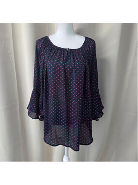 Chaps Dark Blue Sheer Top with Red Dots Size 2X